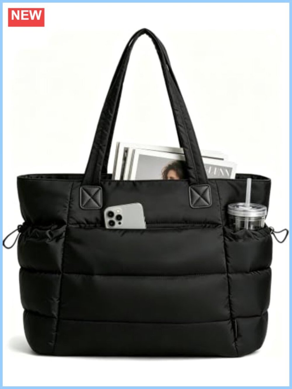 Large Quilted Puffer Tote Bag with Zipper, Cup Holder & Pockets